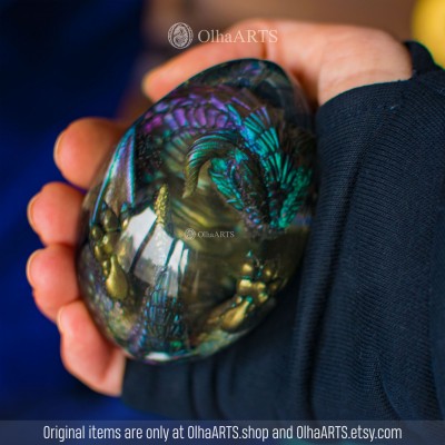 Labradorite Dragon Egg. VIP gift set with a baby dragon in epoxy resin egg