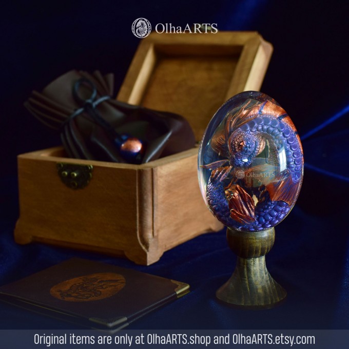 Blue-copper Water Dragon Egg. VIP Gift Set with a sea baby dragon in epoxy resin egg