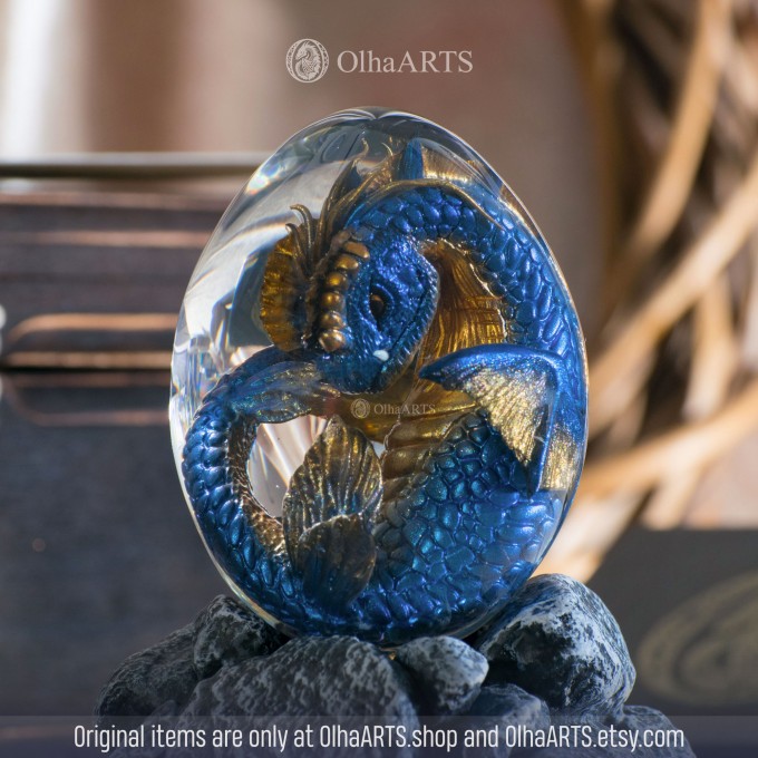 Blue-gold Water Dragon Egg. VIP Gift Set with a sea baby dragon in epoxy resin egg