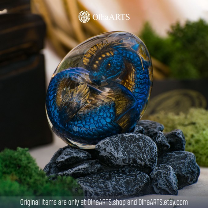 Blue-gold Water Dragon Egg. VIP Gift Set with a sea baby dragon in epoxy resin egg