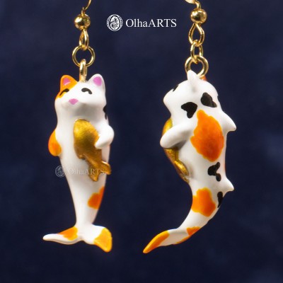 Meowmaid earrings in koi color, cat mermaid