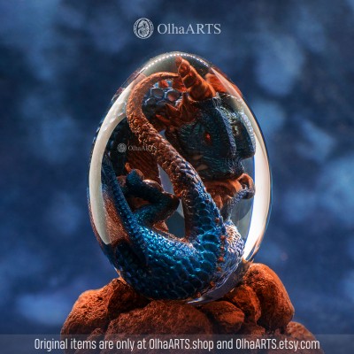 Dragon Egg with Spiral-Horned Baby Dragon in Blue and Copper Colors