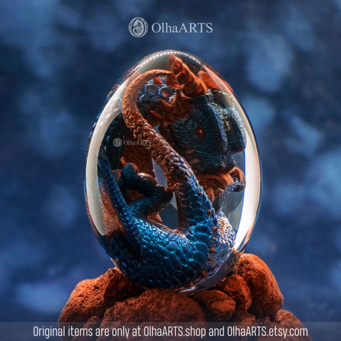 Dragon Egg with a Baby Dragon in Blue and Copper Colors