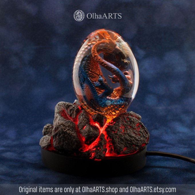 Dragon Egg with a Baby Dragon in Blue and Copper Colors