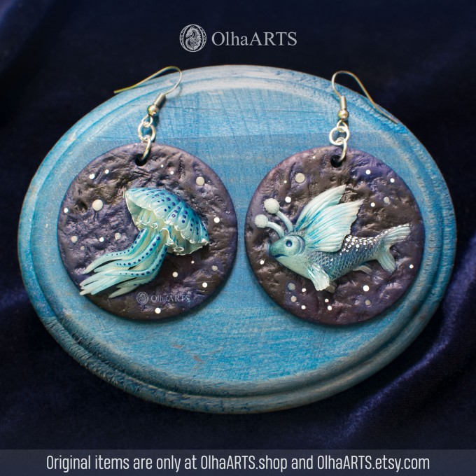 Earrings with Jellyfish and Flying Fish