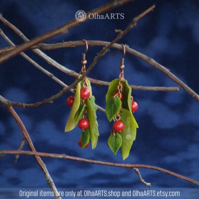 Drop Earrings with green leaves and red berries