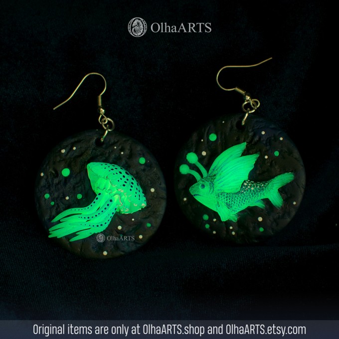 Earrings with Jellyfish and Flying Fish