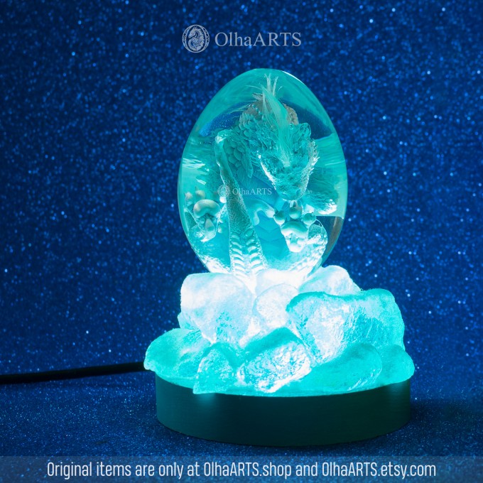 Ice Dragon Egg. VIP Gift Set with an ice baby dragon in epoxy resin egg