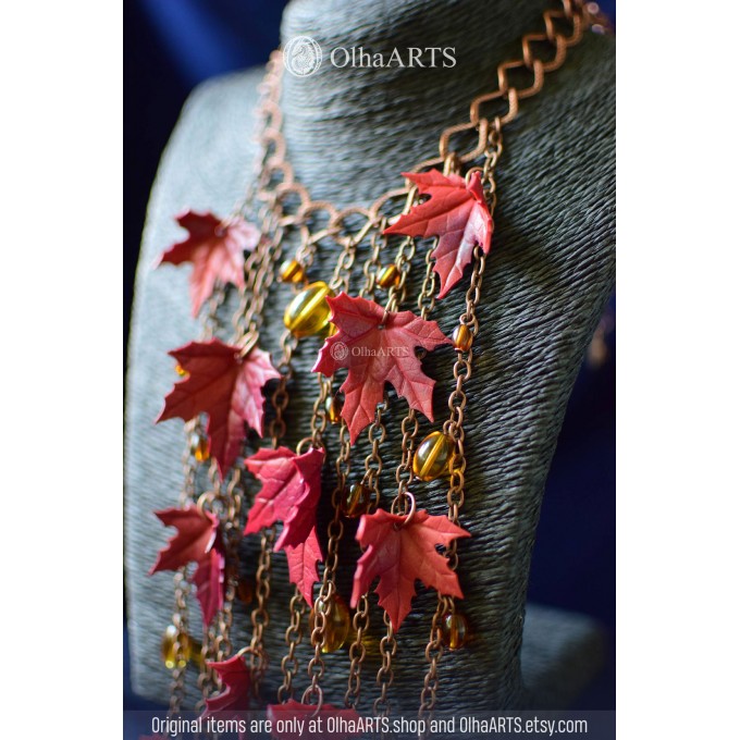 Red Maple Necklace with autumn leaves, customizable