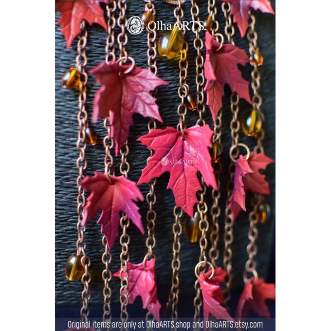 Red Maple Necklace with autumn leaves, customizable