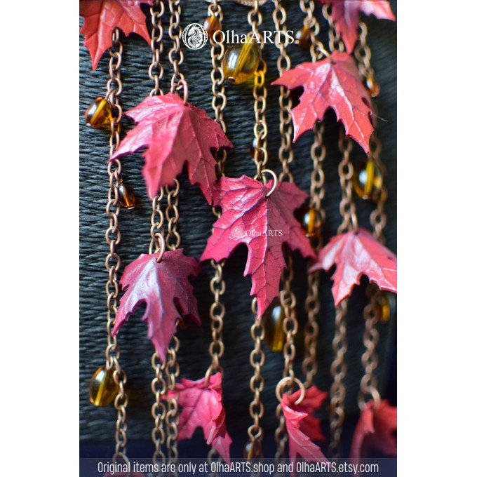 Red Maple Necklace with autumn leaves, customizable