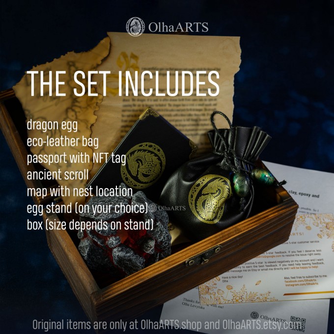 Golden Spiral-horned Dragon Egg. VIP Gift Set with a spiral-horned baby dragon in epoxy resin egg