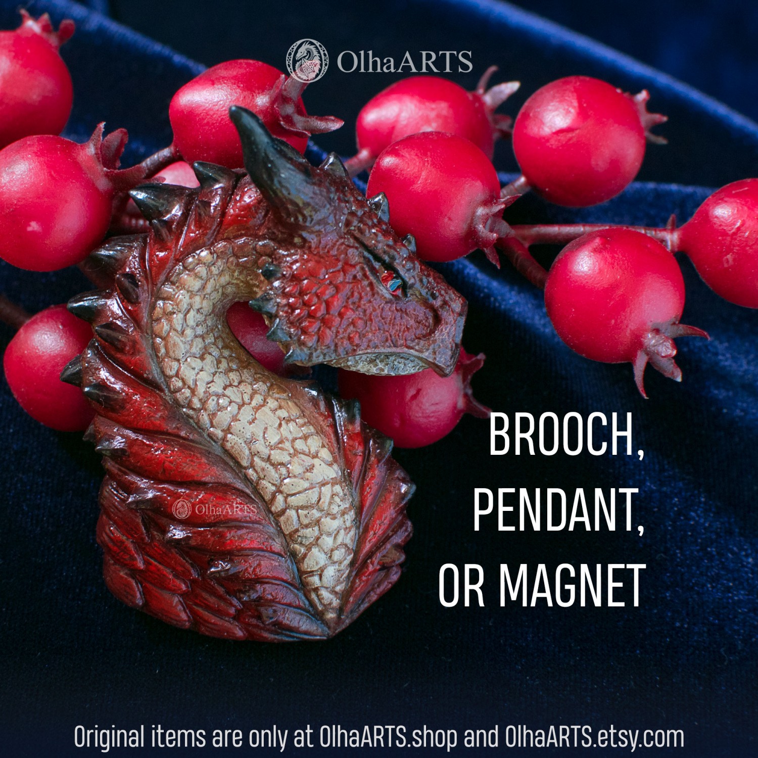 Red Dragon Head, Fantasy Pendant, Magnet, Pin or Brooch