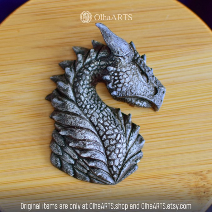 Stone Dragon Head, Fantasy Pendant, Magnet, Lapel Pin or Brooch