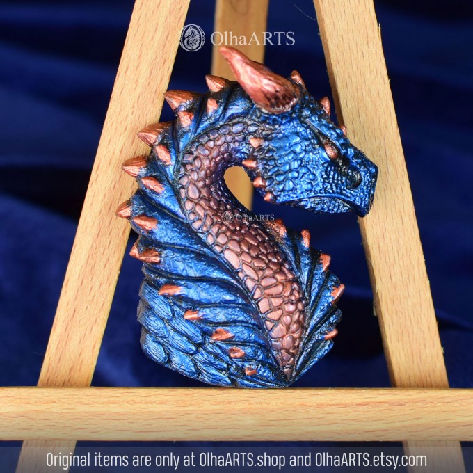 Blue Dragon Head, Fantasy Pendant, Magnet, Lapel Pin, or Brooch