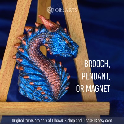 Blue Dragon Head, Fantasy Pendant, Magnet, Lapel Pin, or Brooch