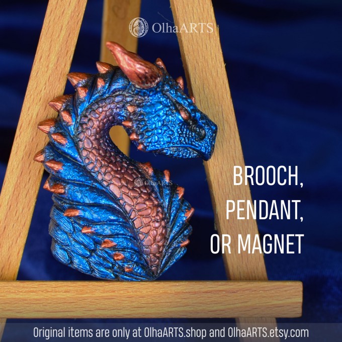Blue Dragon Head, Fantasy Pendant, Magnet, Lapel Pin, or Brooch