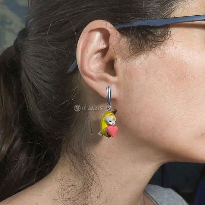 Banana Cat Earrings with Hearts