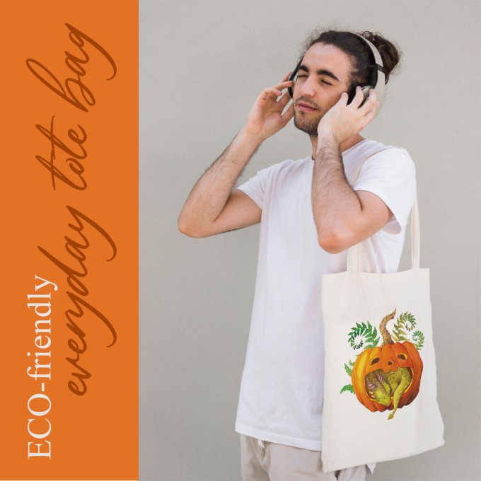 Cotton Tote Bag with Little Dragon Sleeping in a Pumpkin