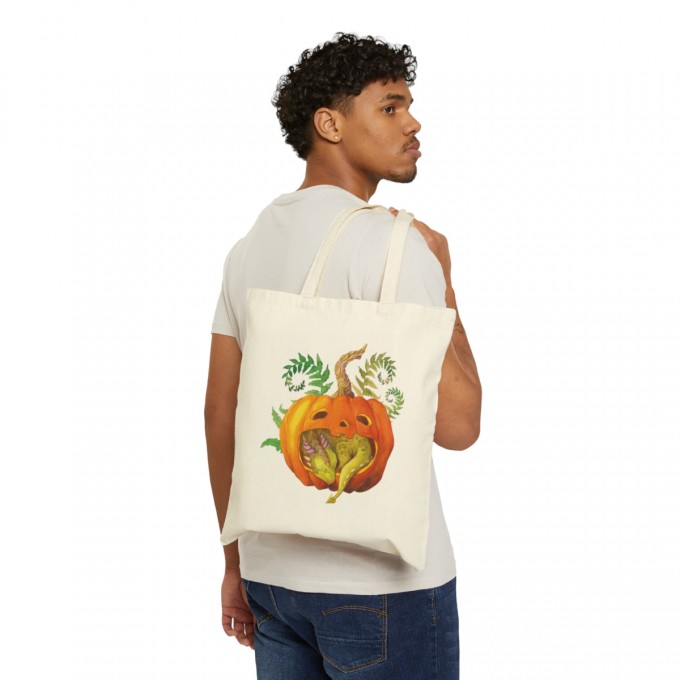 Cotton Tote Bag with Little Dragon Sleeping in a Pumpkin