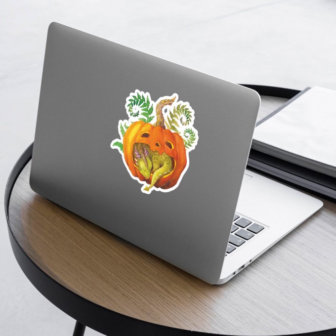 Halloween Sticker with a Pretty Little Dragon Sleeping in a Pumpkin Cave, Kiss-Cut Stickers