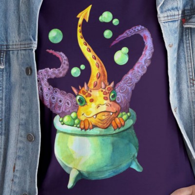Unisex Cotton T-Shirt Baby Dragon Taking Bath in a Witch Cauldron