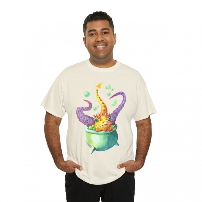 Halloween Unisex Cotton T-Shirt with a Baby Dragon Taking Bath in a Witch Cauldron