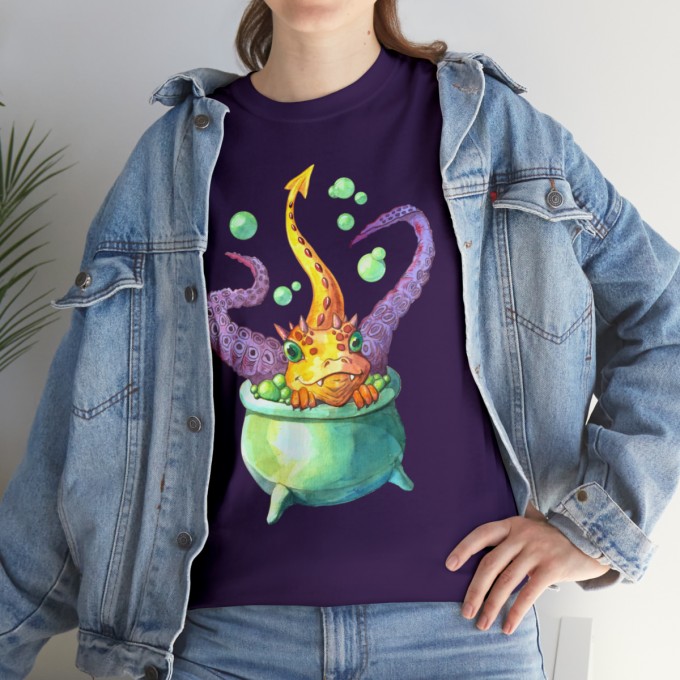 Halloween Unisex Cotton T-Shirt with a Baby Dragon Taking Bath in a Witch Cauldron