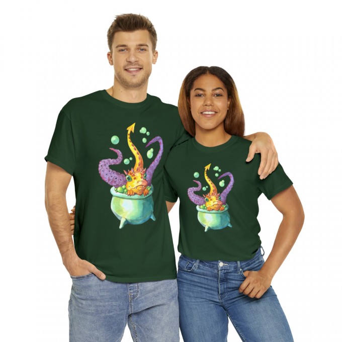 Halloween Unisex Cotton T-Shirt with a Baby Dragon Taking Bath in a Witch Cauldron
