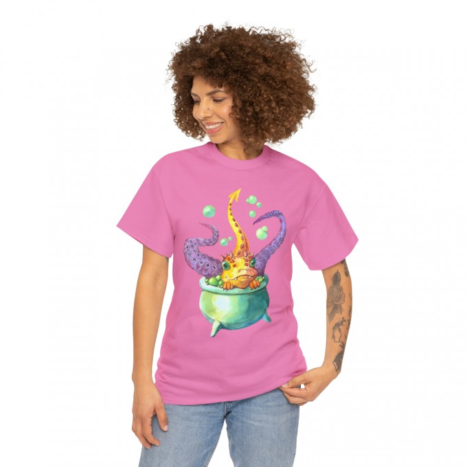 Halloween Unisex Cotton T-Shirt with a Baby Dragon Taking Bath in a Witch Cauldron