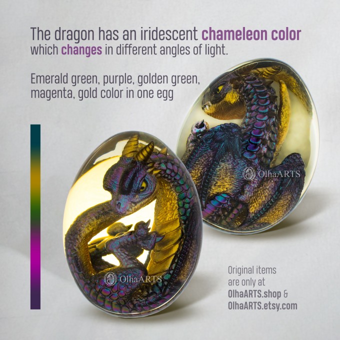 Chameleon Dragon Egg. VIP Gift Set with an iridescent baby dragon in epoxy resin egg