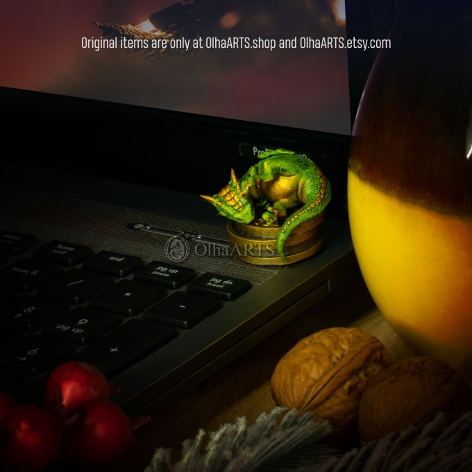 Baby Dragon Sleeping on Coins, Cute Monitor Sitter, Green Dragon, Fantasy Table Figure