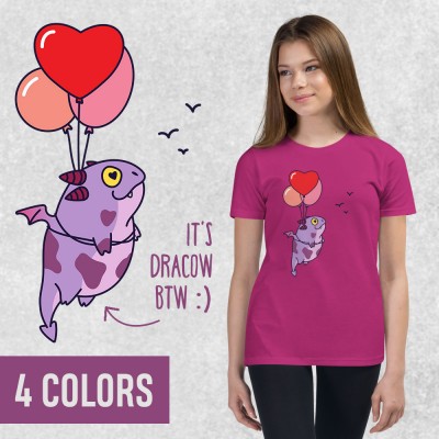 Dracow flying on balloons - Youth unisex t-shirt with cute purple dragon