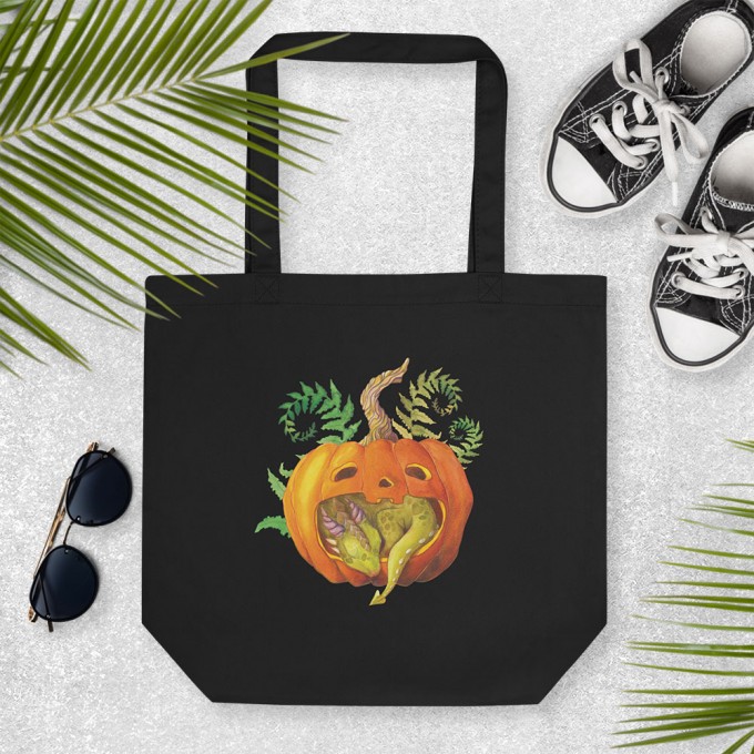 Cotton Tote Bag with Little Dragon Sleeping in a Pumpkin