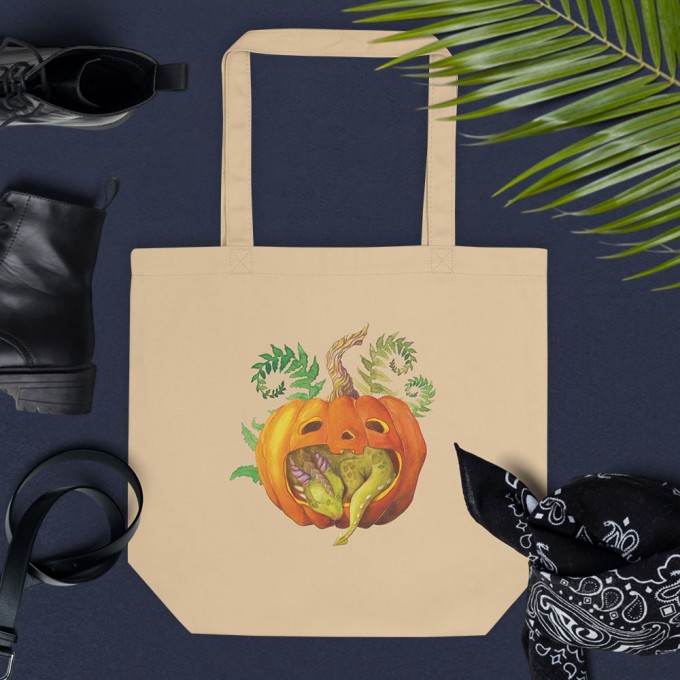 Cotton Tote Bag with Little Dragon Sleeping in a Pumpkin