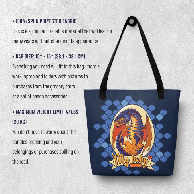 Tote bag with Lava Dragon Egg, 15"x15", in 3 colors