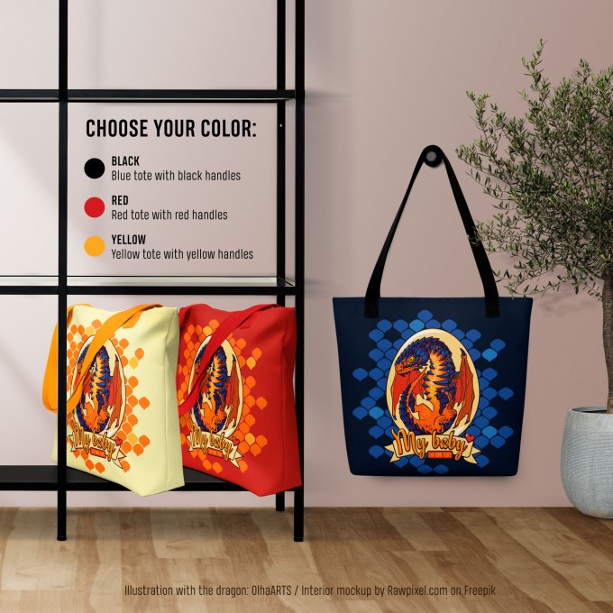 Tote bag with Lava Dragon Egg, 15"x15", in 3 colors