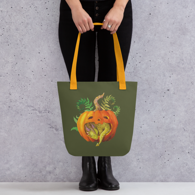 Tote bag Baby Dragon Sleeping in a Pumpkin, polyester