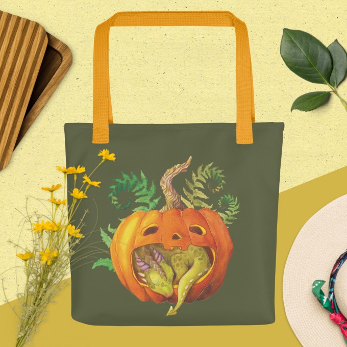 Tote bag Baby Dragon Sleeping in a Pumpkin, polyester