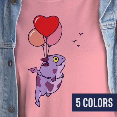 Dracow flying on balloons - Unisex t-shirt with cute purple dragon