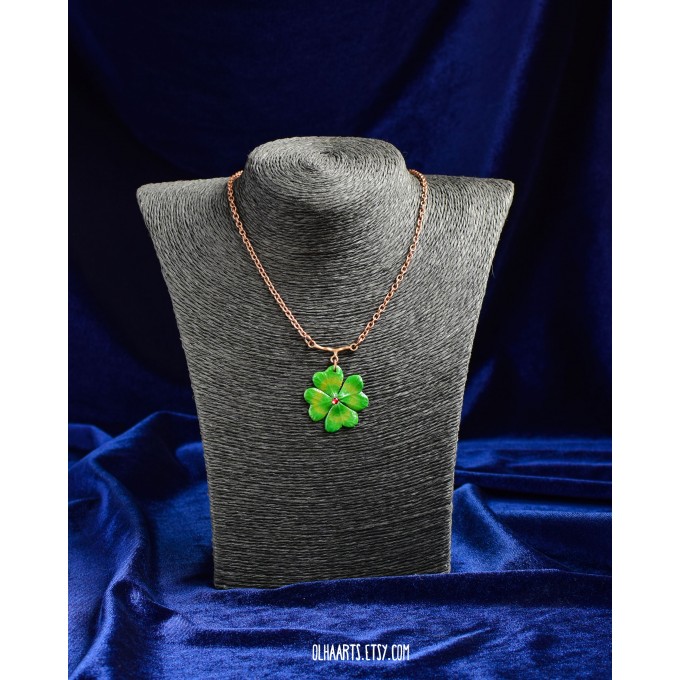 Four-leaf clover, St. Patrick's Day pendant made of polymer clay and a copper chain