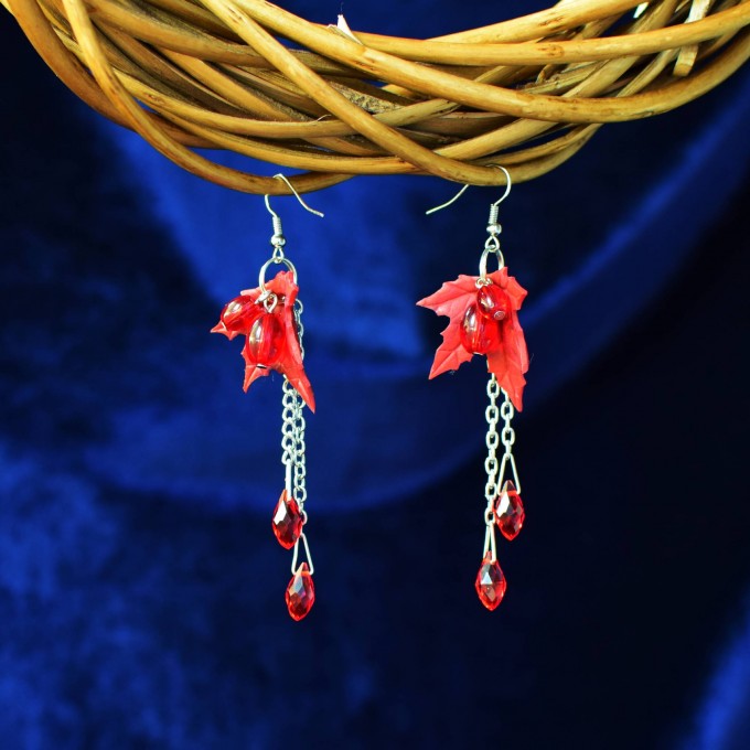 Long, Elegant Maple Leaf Earrings with Red Berries