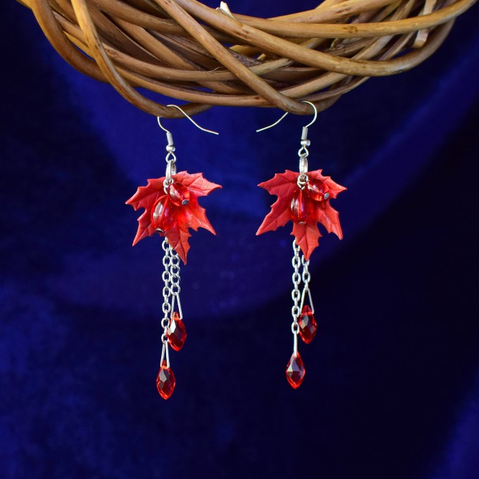 Long, Elegant Maple Leaf Earrings with Red Berries