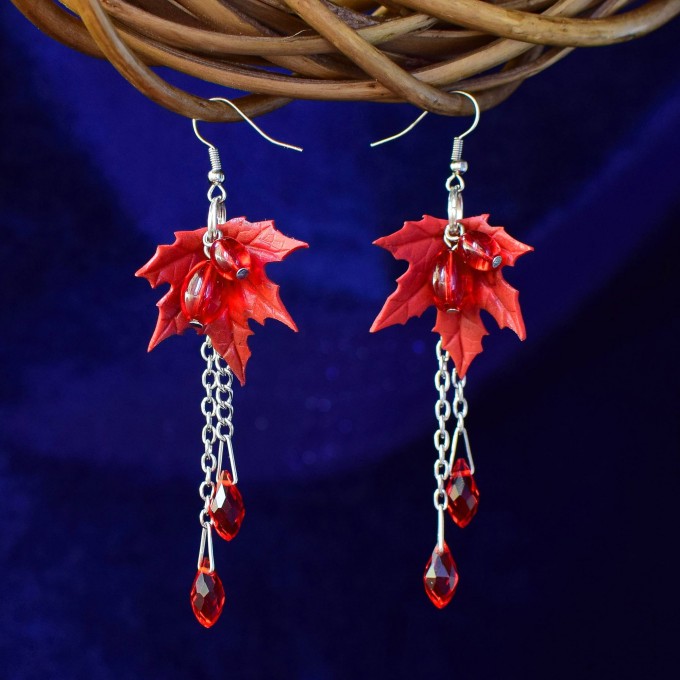 Long, Elegant Maple Leaf Earrings with Red Berries