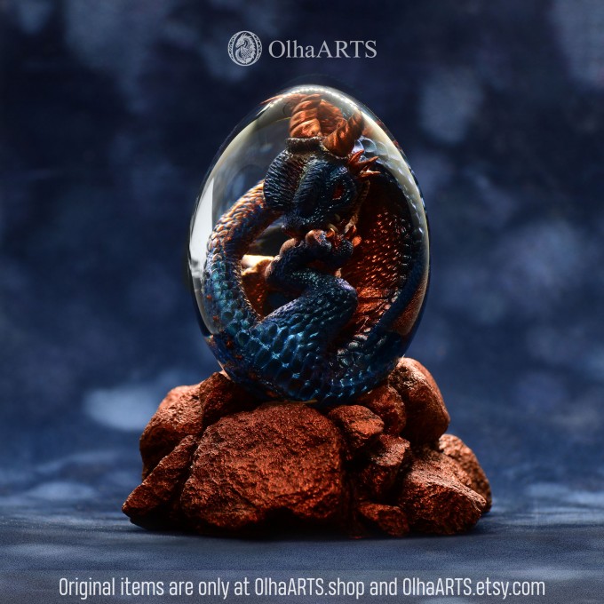 Dragon Egg with a Baby Dragon in Blue and Copper Colors